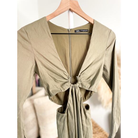 Zara Olive Green Linen Cut Out Long Sleeve Mini Bodycon Dress XS - Picture 4 of 10